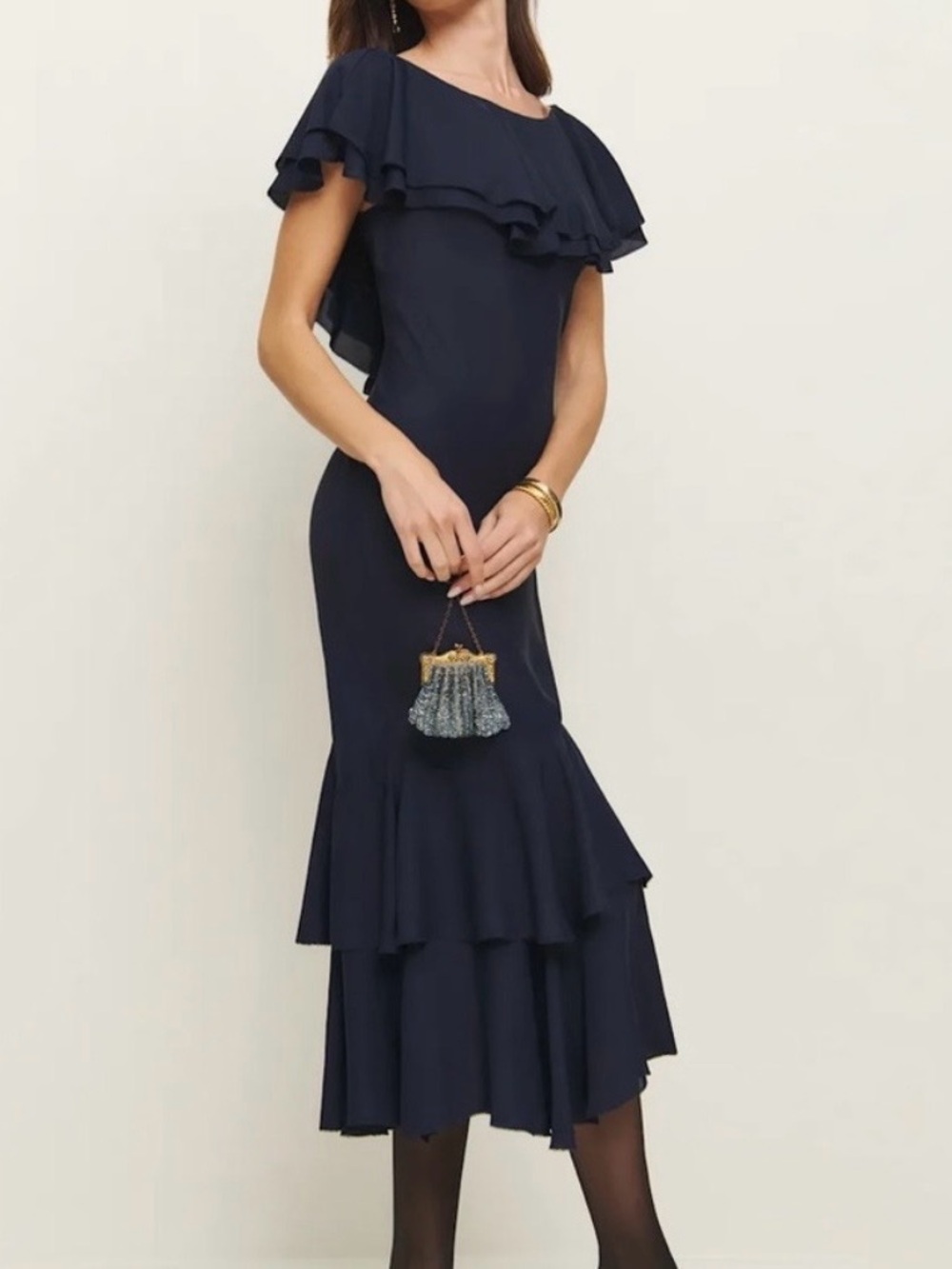 Reformation Navy Ruffle Midi Dress